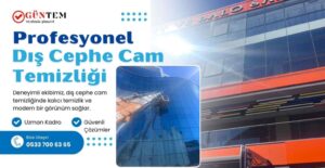 Profesyonel dış cephe cam temizliği hizmeti veren uzman personel, yüksek bir binanın camlarını vinç yardımıyla güvenli bir şekilde temizliyor.