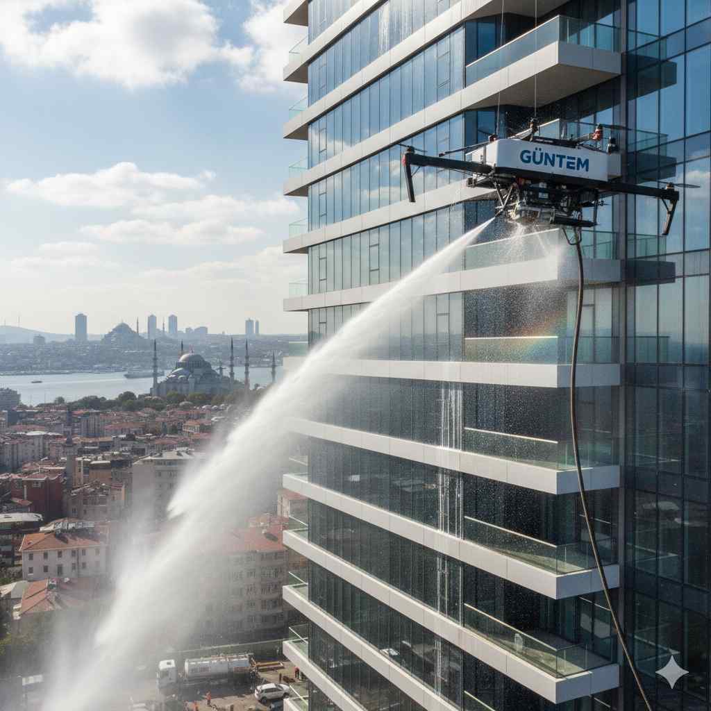 Kablolu drone sistemi ile dış cephe temizliği çalışmaları: Güntem