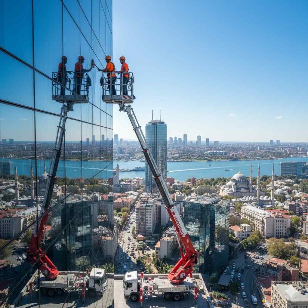 Sepetli vinç ile Atakent dış cephe cam temizlik hizmetleri: Güntem Temizlik