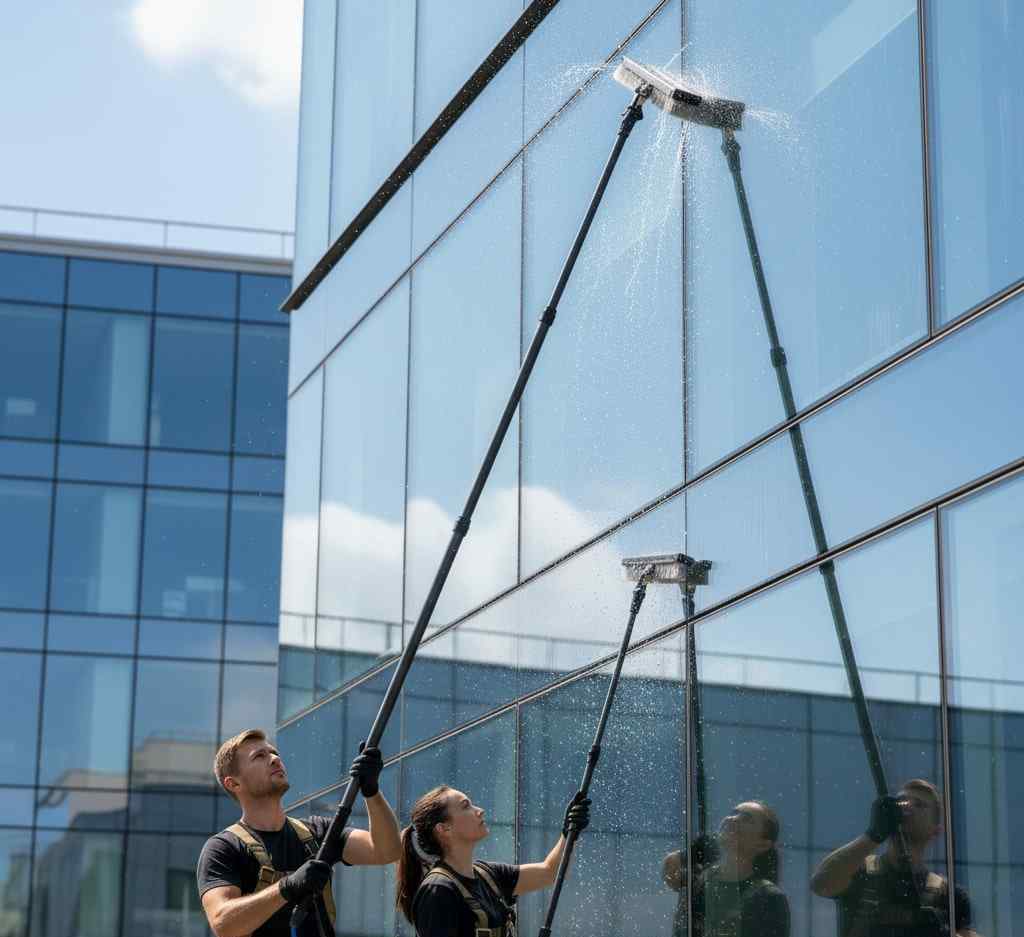 Teleskopik uzatma ile dış cephe cam temizliği çalışmaları