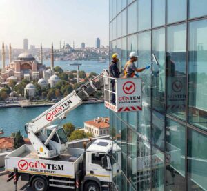 Sepetli vinç erişimi ile Halıcıoğlu dış cephe cam temizliği hizmetleri: Güntem Temizlik