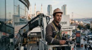 Bir plazanın dış cephe cam cephesine nano-teknolojik temizlik uygulaması