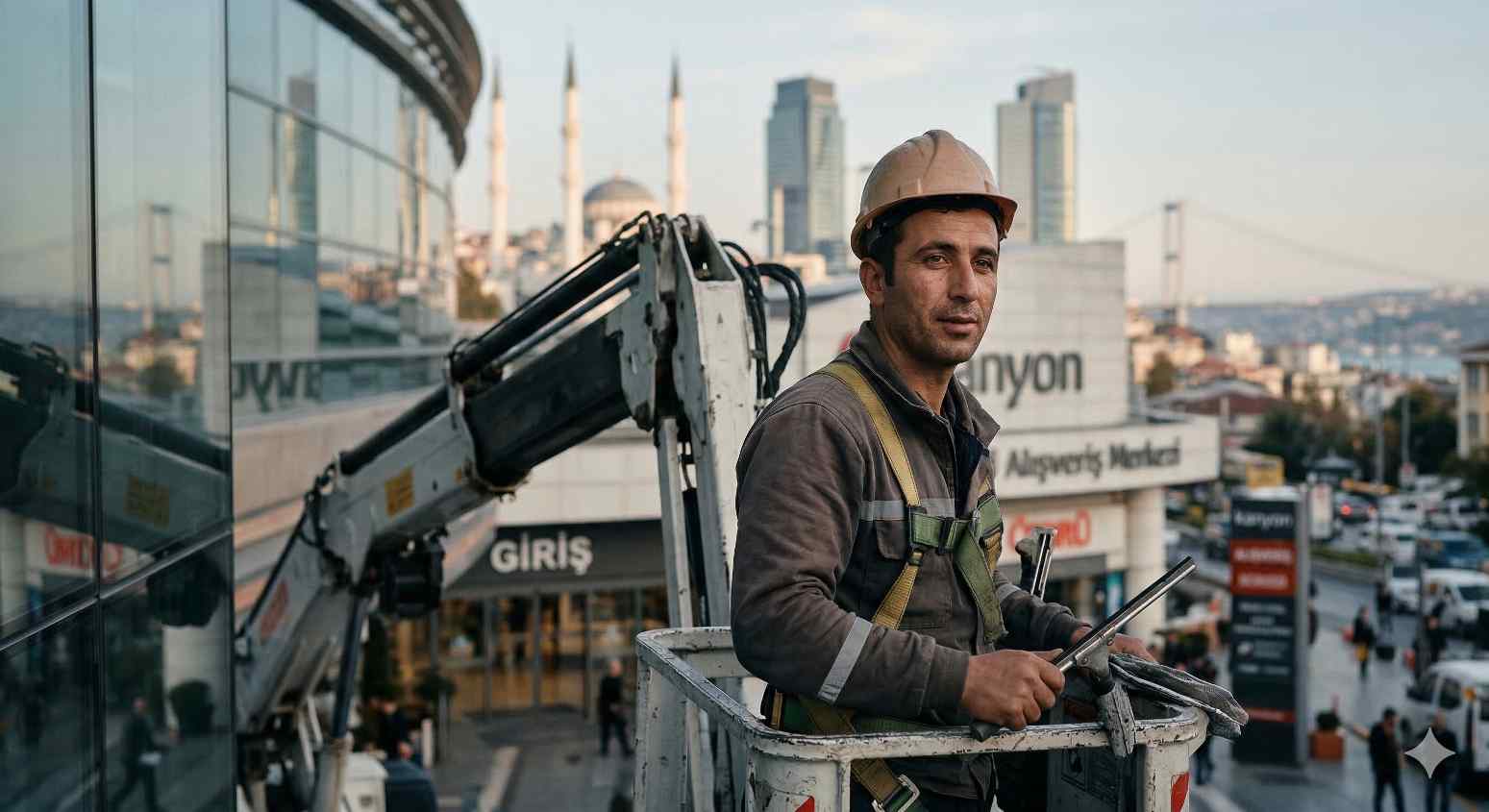 Bir plazanın dış cephe cam cephesine nano-teknolojik temizlik uygulaması