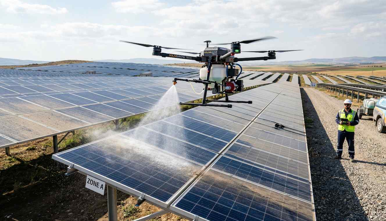 Temizlik dronu ile güneş paneli temizliği çalışmaları