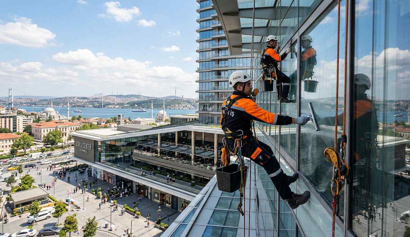 Sefaköy'de yüksek katlı binada iple erişimle cam temizliği