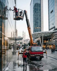 Sepetli vinç ile okul binası dış cephe temizlik uygulaması