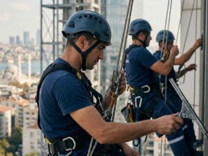 Üniversite binasında dış cephe temizlik çalışmaları