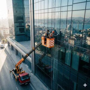 Vinçle plaza cam temizliği çalışmaları