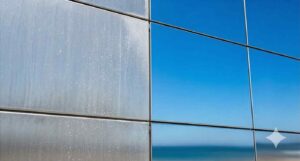 Deniz tuzu nedeniyle matlaşmış ve korozyona uğramış metal cephe paneli ile korozyona dayanıklı boya ve profesyonel temizlik sonrası parlak hali.