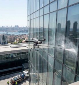 Drone ile bina dış cephe yıkama çalışmaları