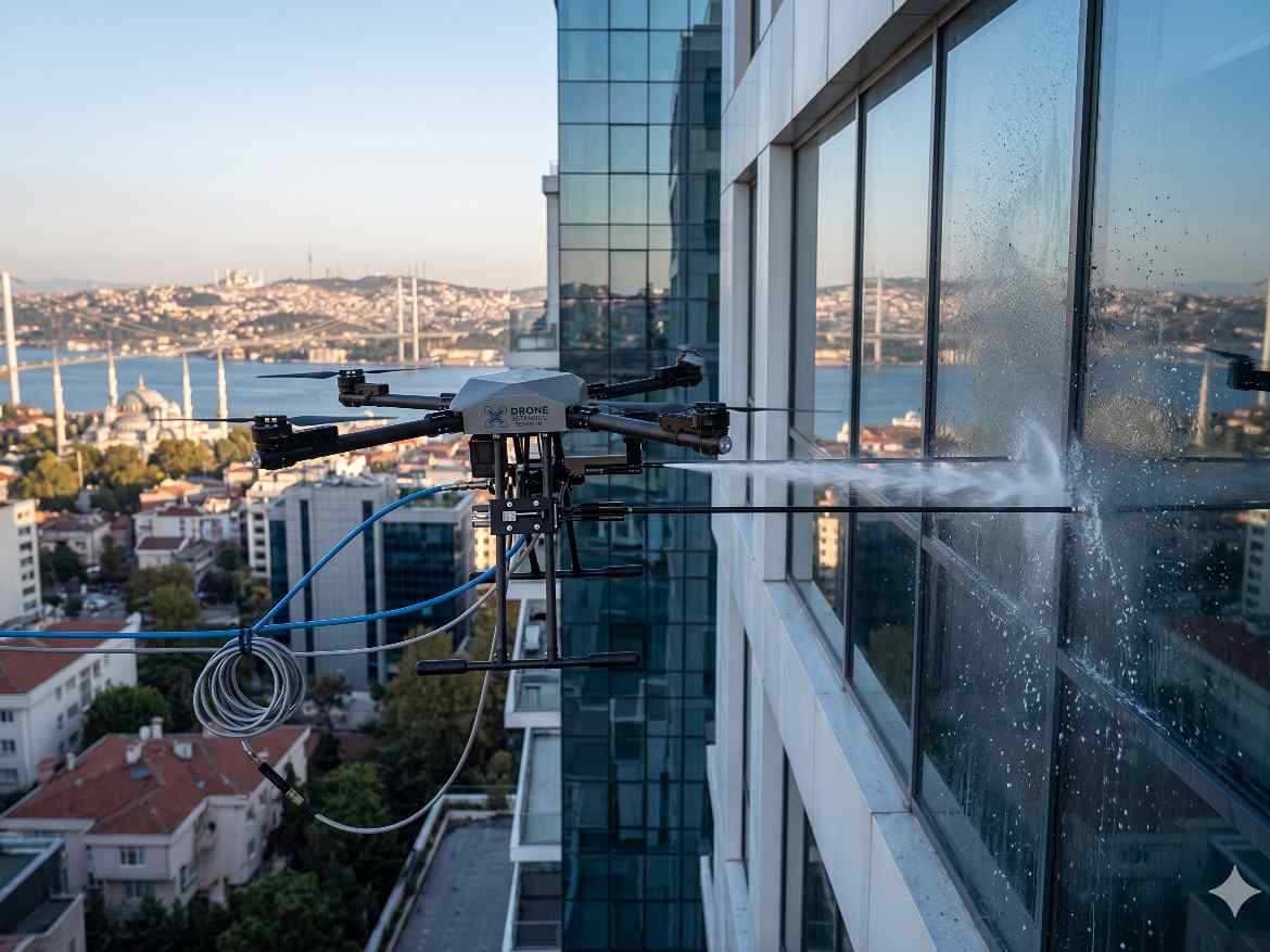 Drone ile yapılan plaza cam temizliği çalışması