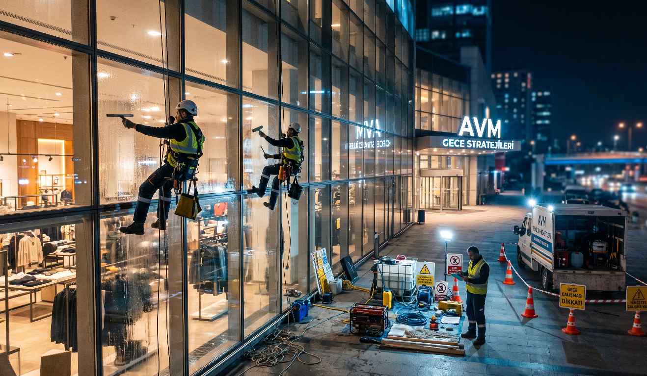 Endüstriyel dağcılıkla gece yapılan AVM dış cephe temizliği