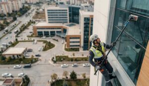 İple erişimle hastane dış cephe temizliği