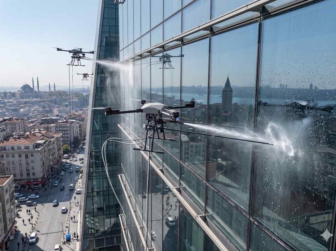 Modern yöntem drone ile dış cephe temizliği çalışmaları