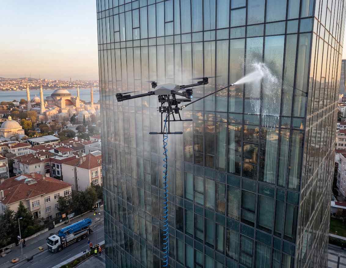 Drone ile Güneşli dış cephe yıkama hizmetleri