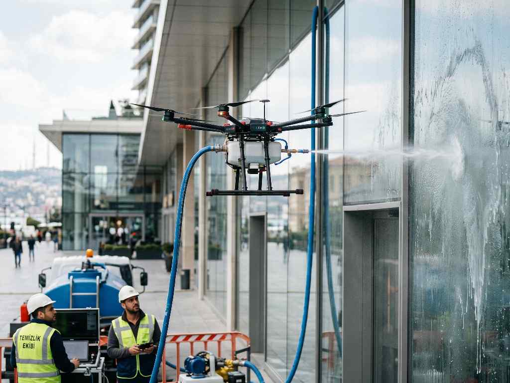 Drone ile yapılan güvenli dış cephe temizliği