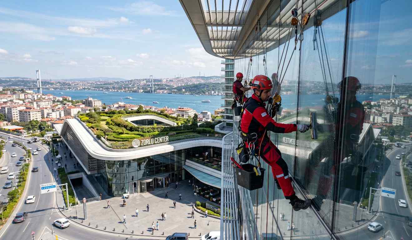 İp erişimiyle dış cephe cam temizlik çalışması