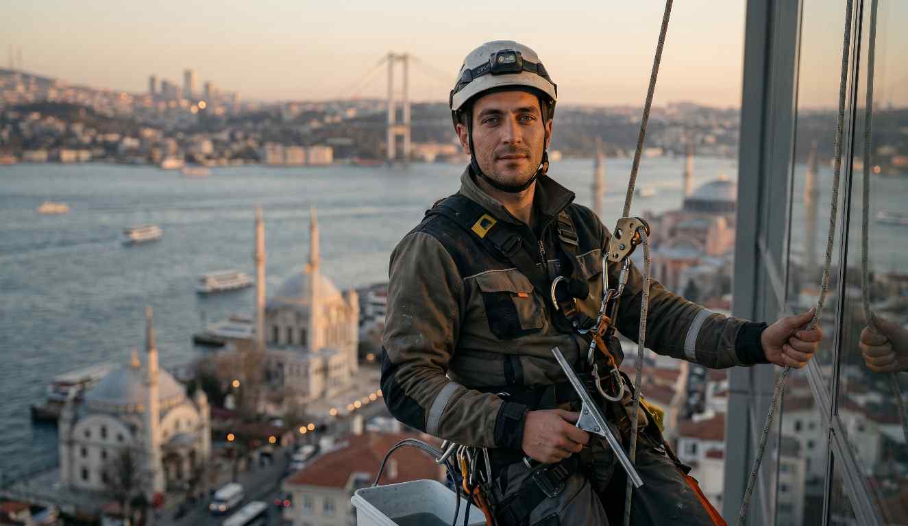Koruyucu kask giymiş bir endüstriyel dağcı