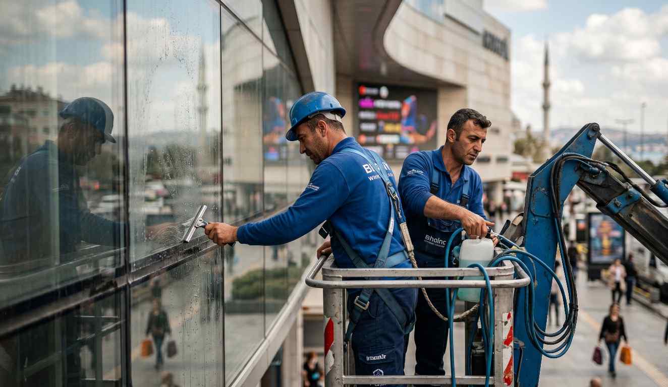 Sepetli vinçle cam cephe temizliği