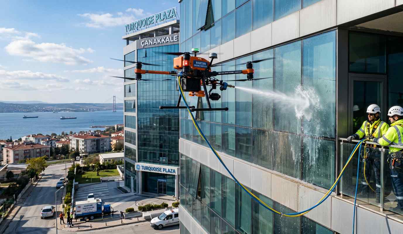 Drone ile plaza cam temizliği