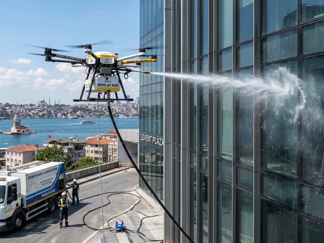 Drone teknolojisi ile saf suyla cam yıkama