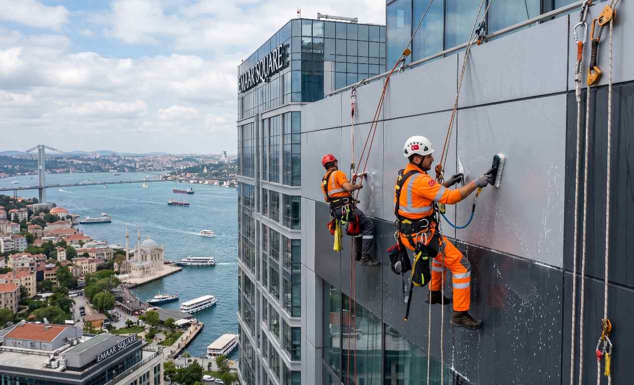 Endüstriyel dağcılık ile alüminyum kompozit panel temizliği