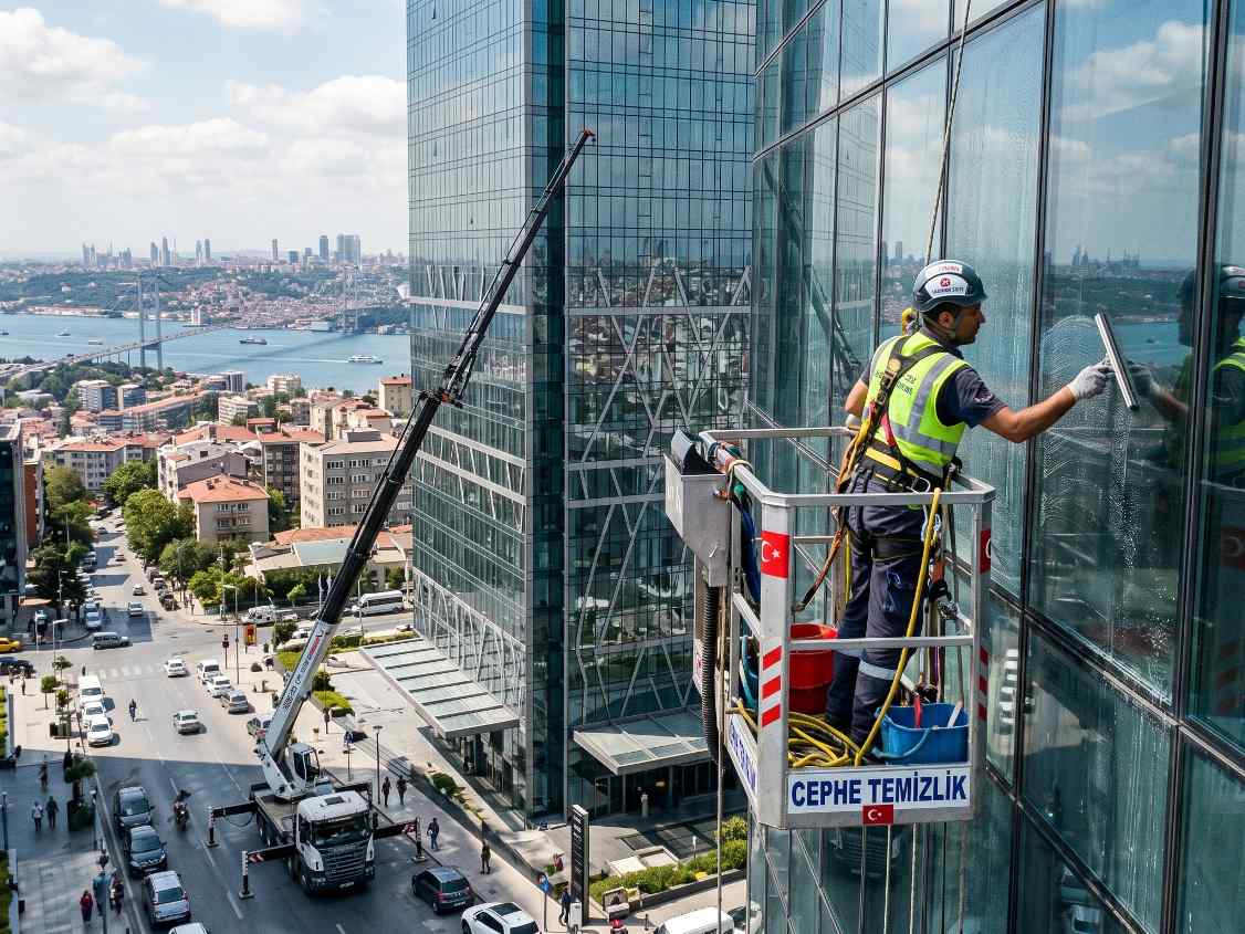 İz bırakmayan saf su ile dış cephe cam temizliği çalışmaları