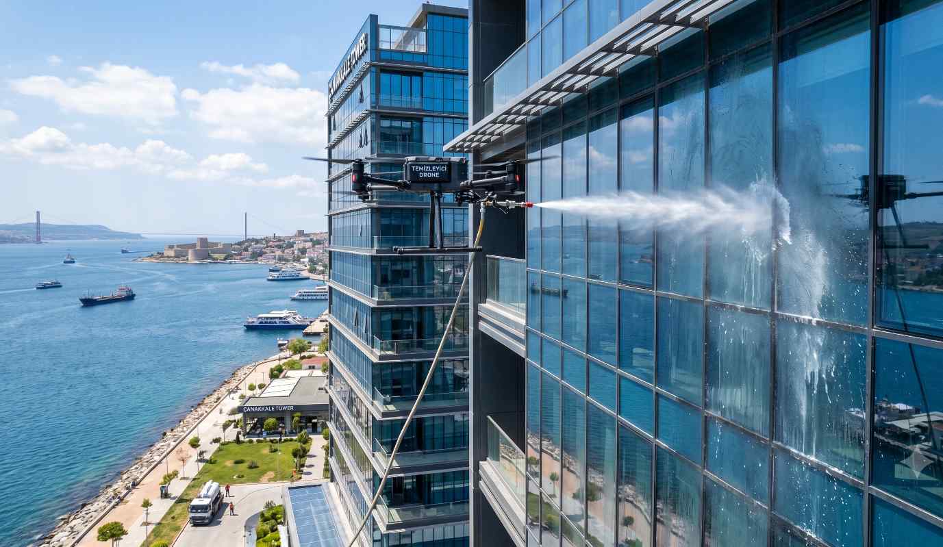 Periyodik aralıklarla yapılan plaza cam temizliği çalışması