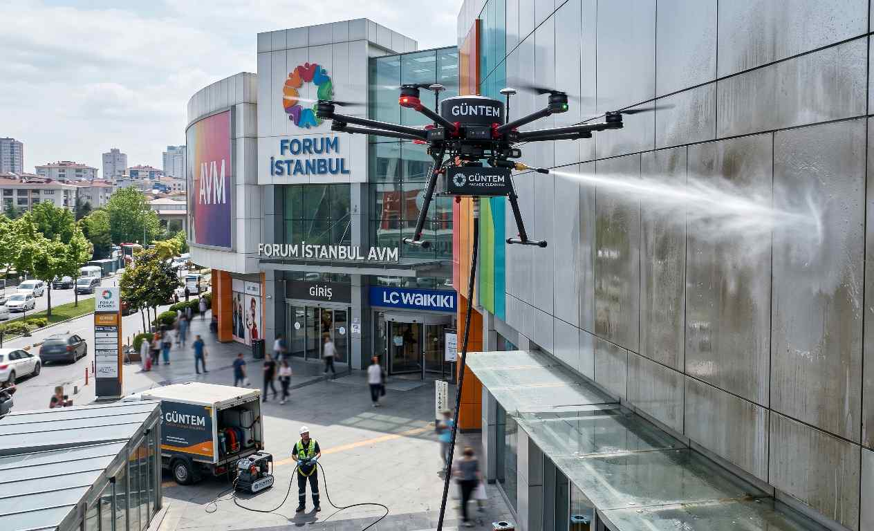 Plaza dış cephe alüminyum kompozit panel temizliği