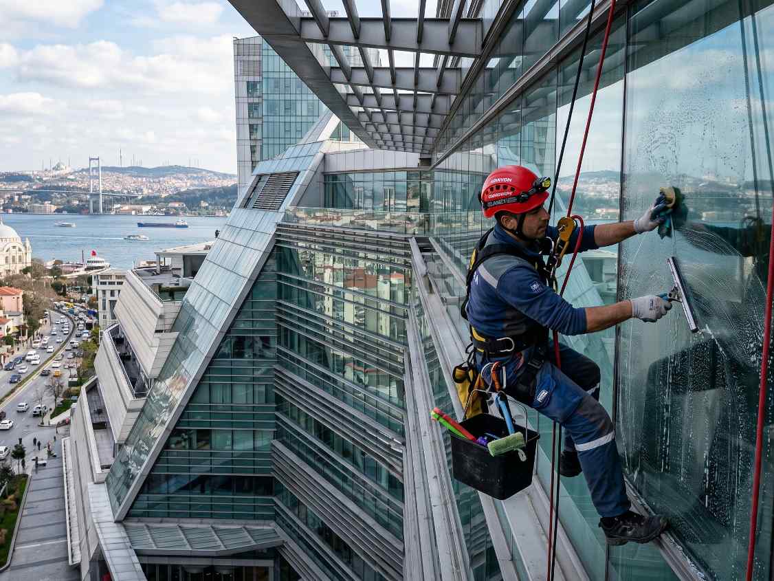 Saf su ile plaza cam temizliği