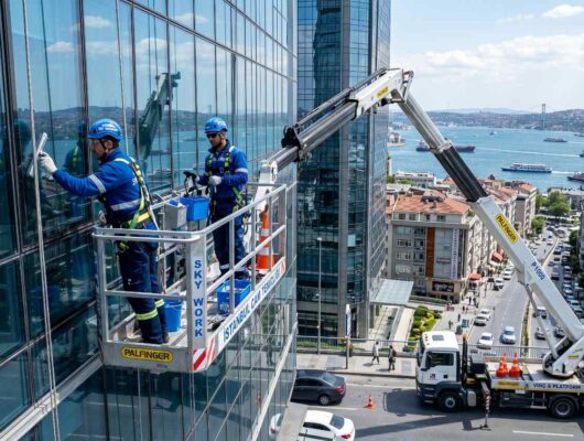 Vatan Caddesinde yüksek bir binanın dış cephe temizlik çalışması