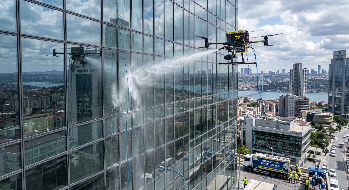 Drone ile güvenli plaza cam temizliği