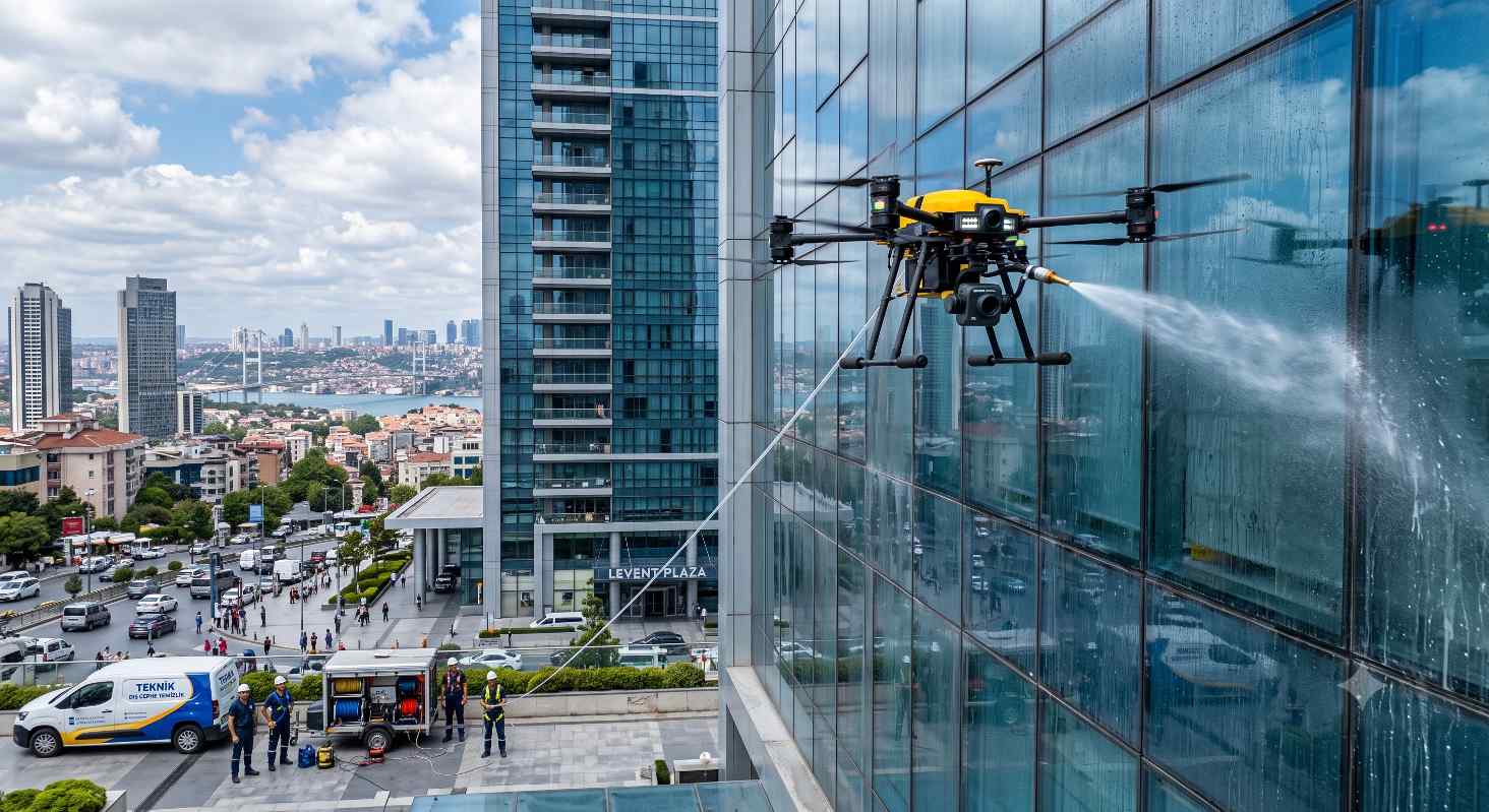 Profesyonel temizlik drone ile güvenli dış cephe temizliği çalışmaları