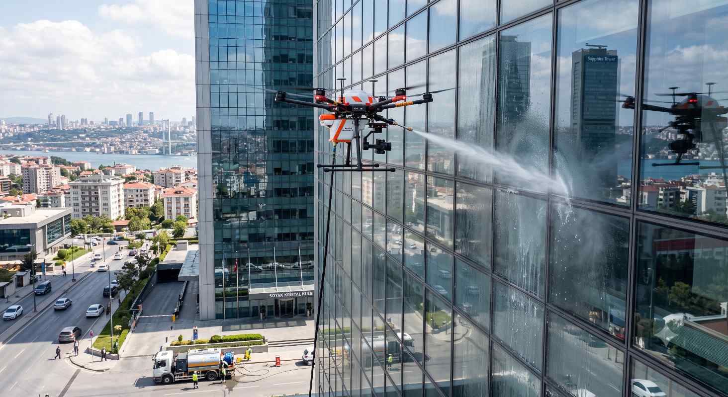 Yükseklerde drone ile emniyetli dış cephe yıkama çalışmaları